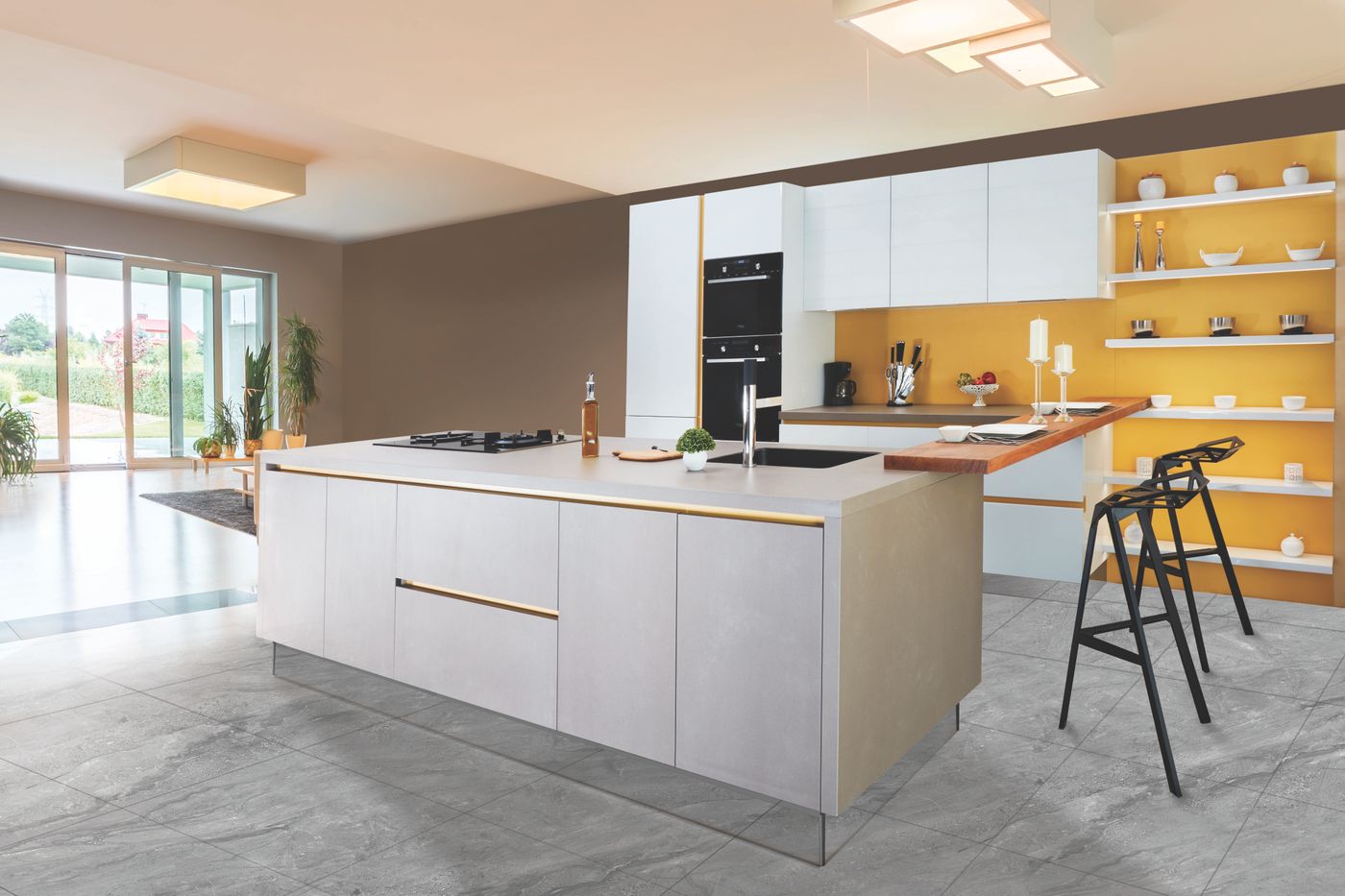 Contemporary kitchen with island and open shelving