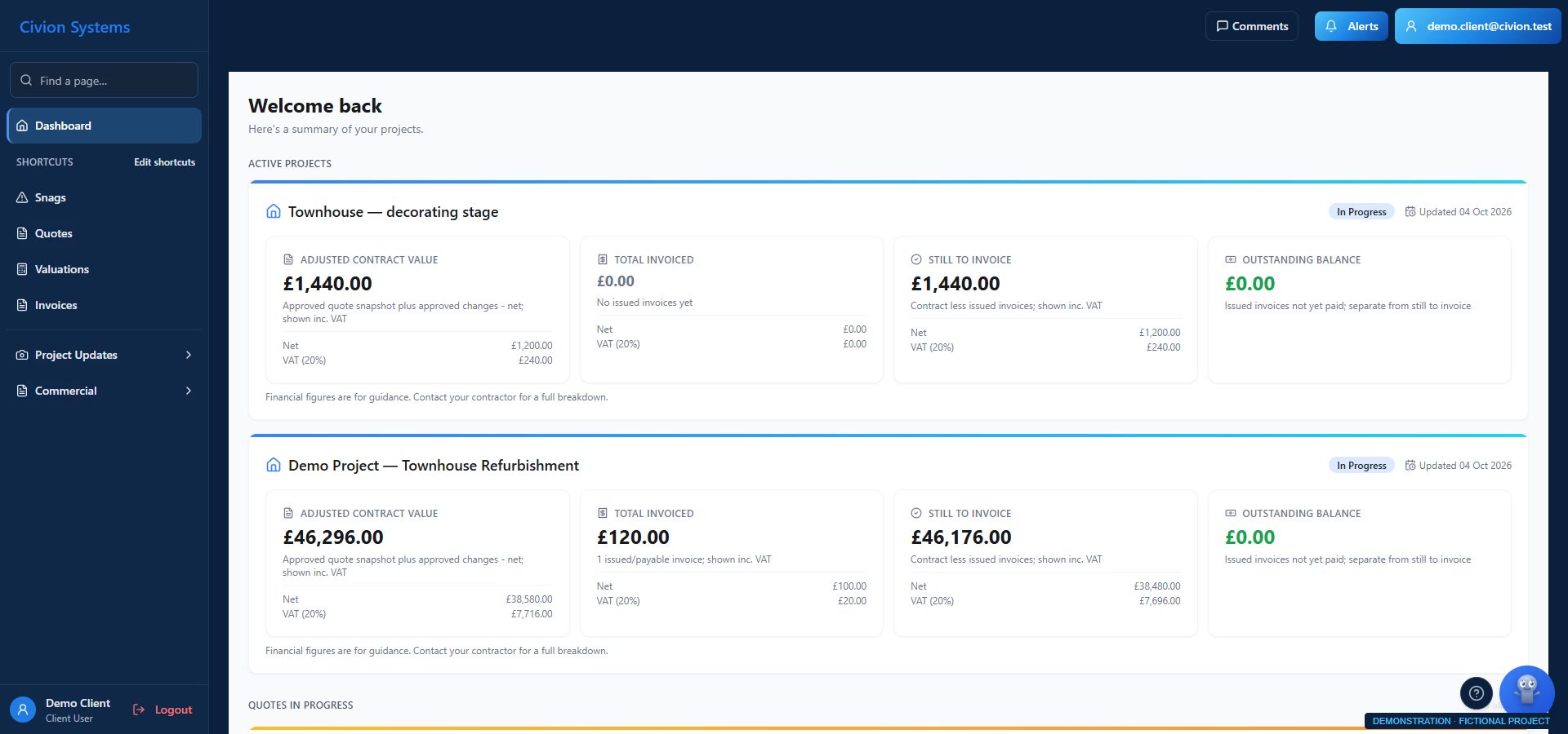 Actual Civion client portal using fictional project records