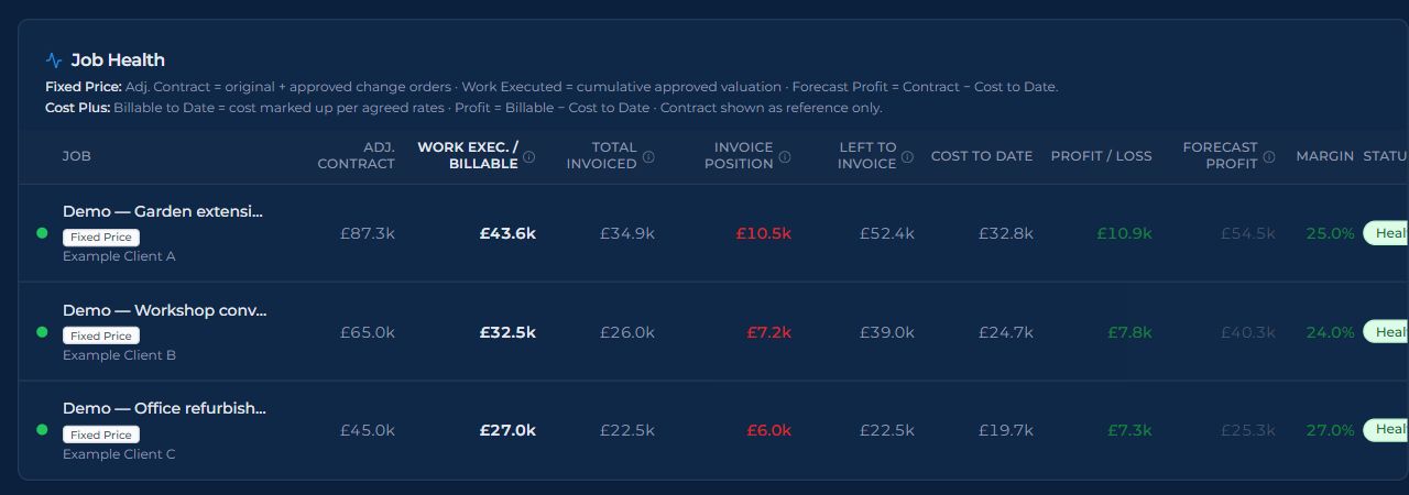 Actual Civion job-health view with fictional financial records