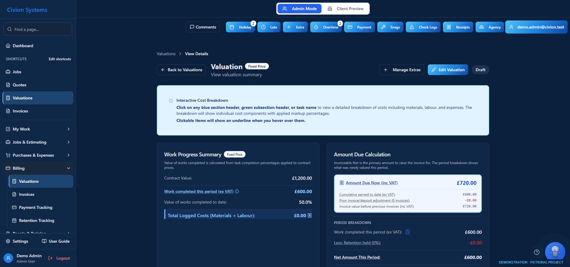 Actual Civion valuation screen with fictional demonstration records
